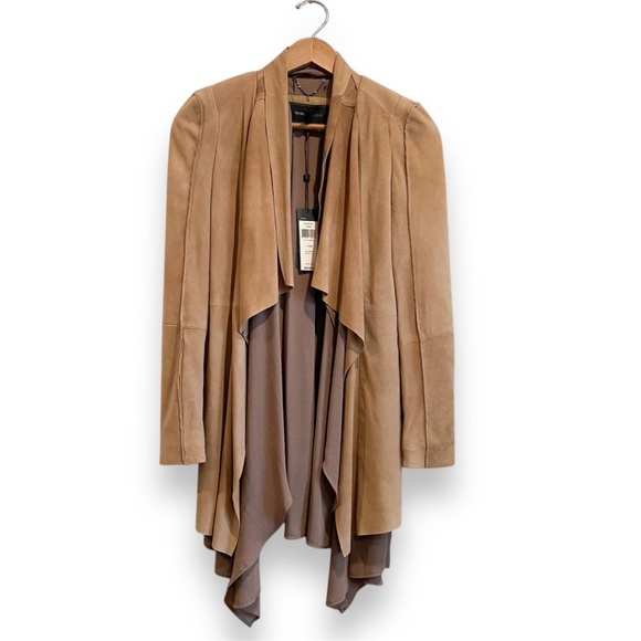 $648‼️BCBGMaxAzria Suede Camel Draped Blazer Coat Jacket Minimalist Quite Luxury - Picture 6 of 12